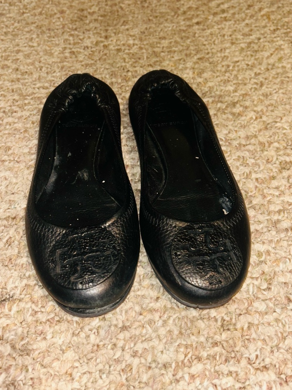 Tory Burch Black Leather Logo Ballet Flats